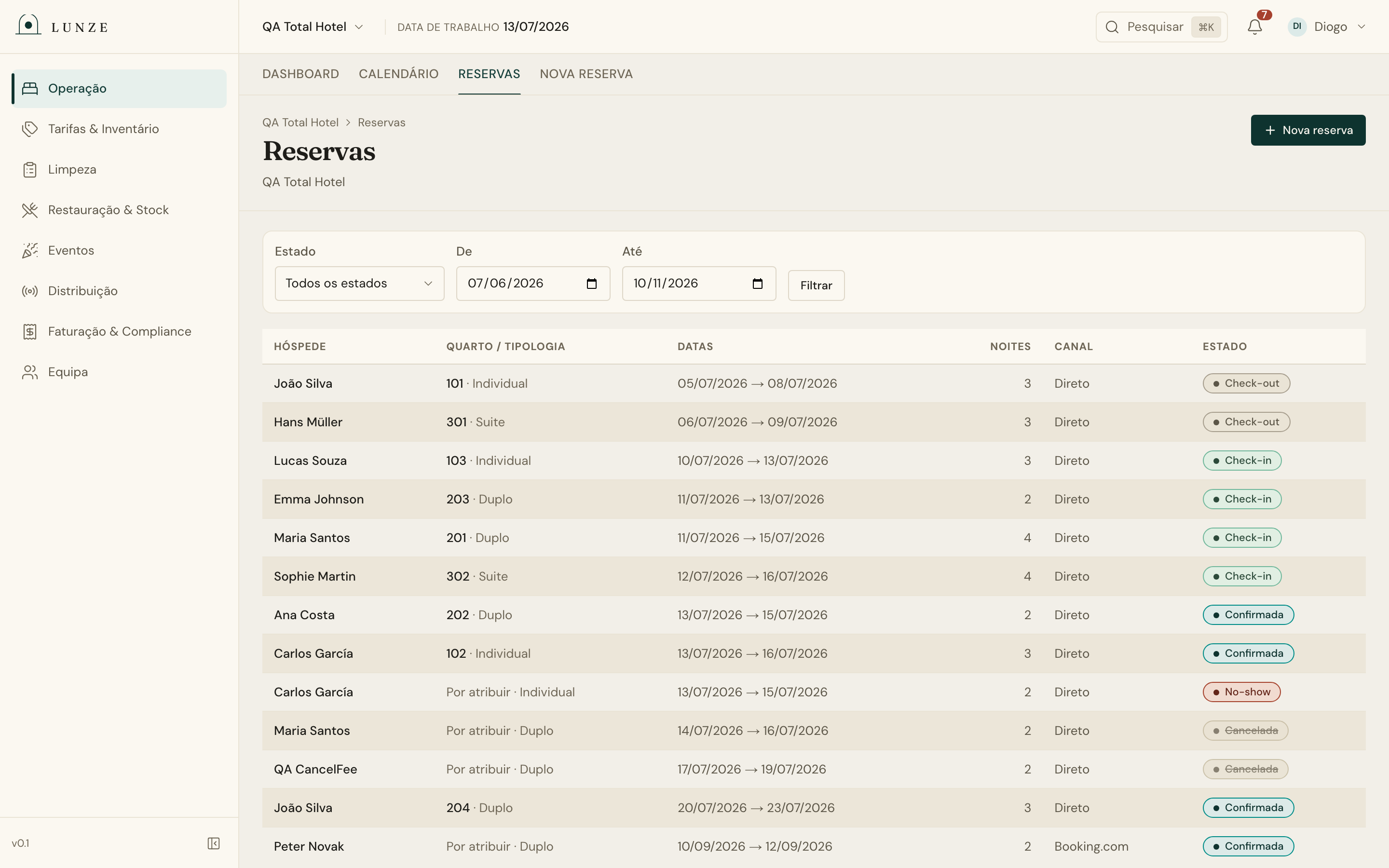 Reservas diretas do site a entrar no calendário do Lunze